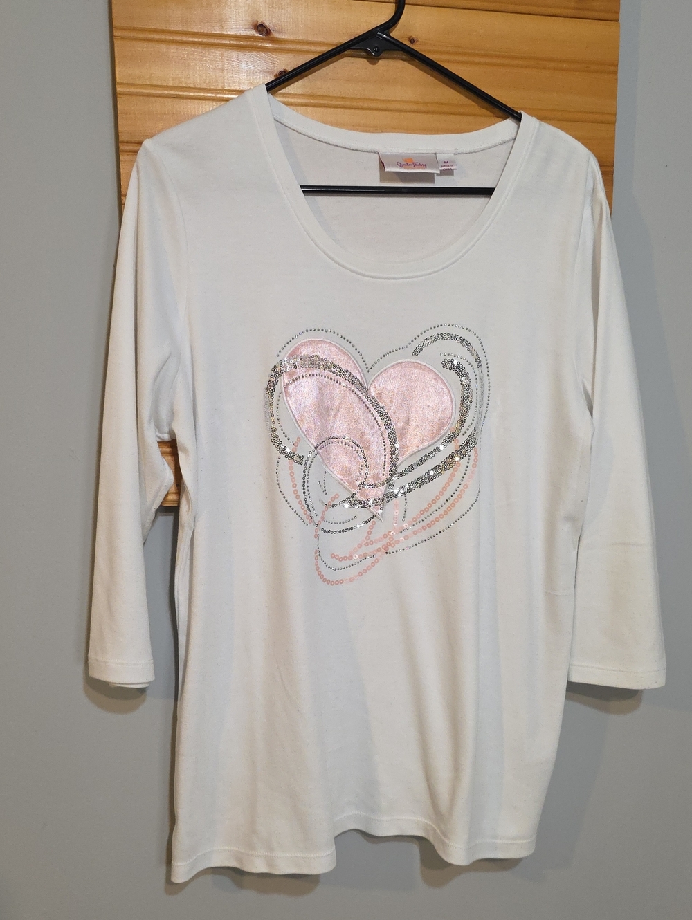 Quacker Factory White Top with Pink Script and Orange Emblem